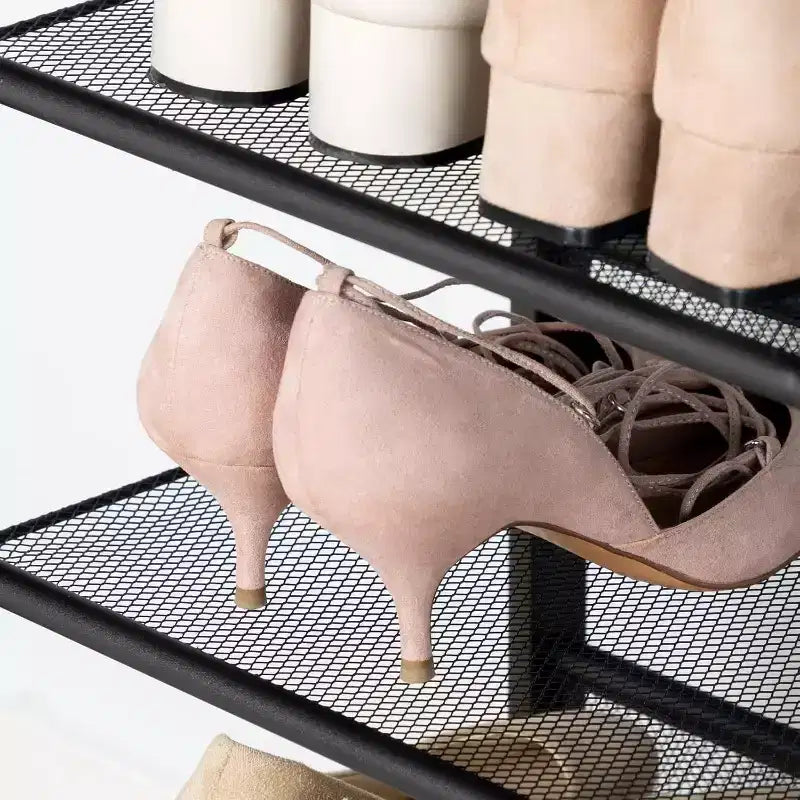ACOINEL Meuble à chaussures pour entrée, organiseur de chaussures industriel à 4 niveaux avec étagères grillagées réglables, peut contenir 12 à 16 paires, étagère à chaussures en métal marron rustique