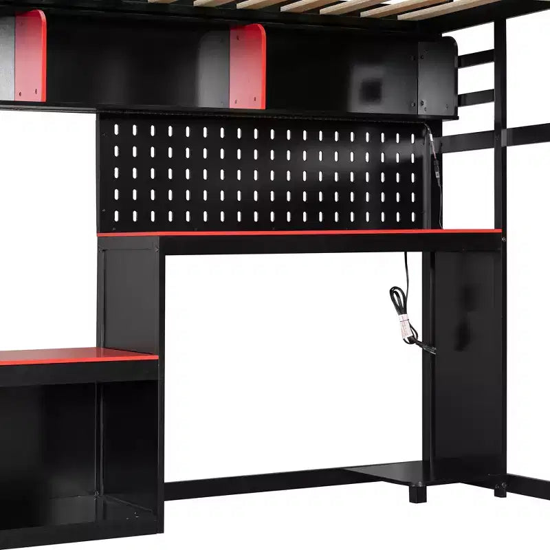 Lit mezzanine pleine grandeur Luxystar avec bureau d'ordinateur, étagères de rangement et tableau perforé