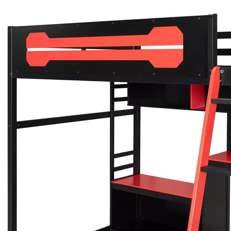 Lit mezzanine pleine grandeur Luxystar avec bureau d'ordinateur, étagères de rangement et tableau perforé