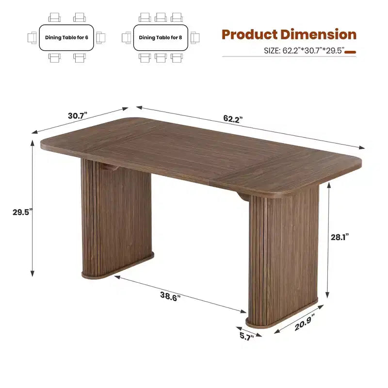 Table à manger 6-8 personnes de 157 cm | Table de cuisine rectangulaire en bois avec double piédestal, table à dîner robuste pour salle à manger, cuisine et salon