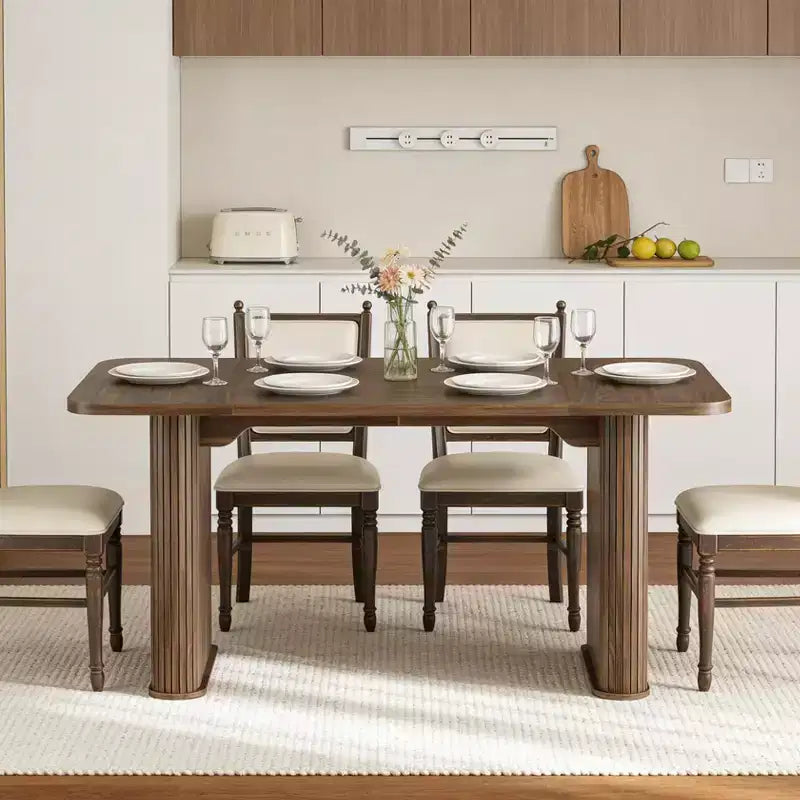 Table à manger 6-8 personnes de 157 cm | Table de cuisine rectangulaire en bois avec double piédestal, table à dîner robuste pour salle à manger, cuisine et salon