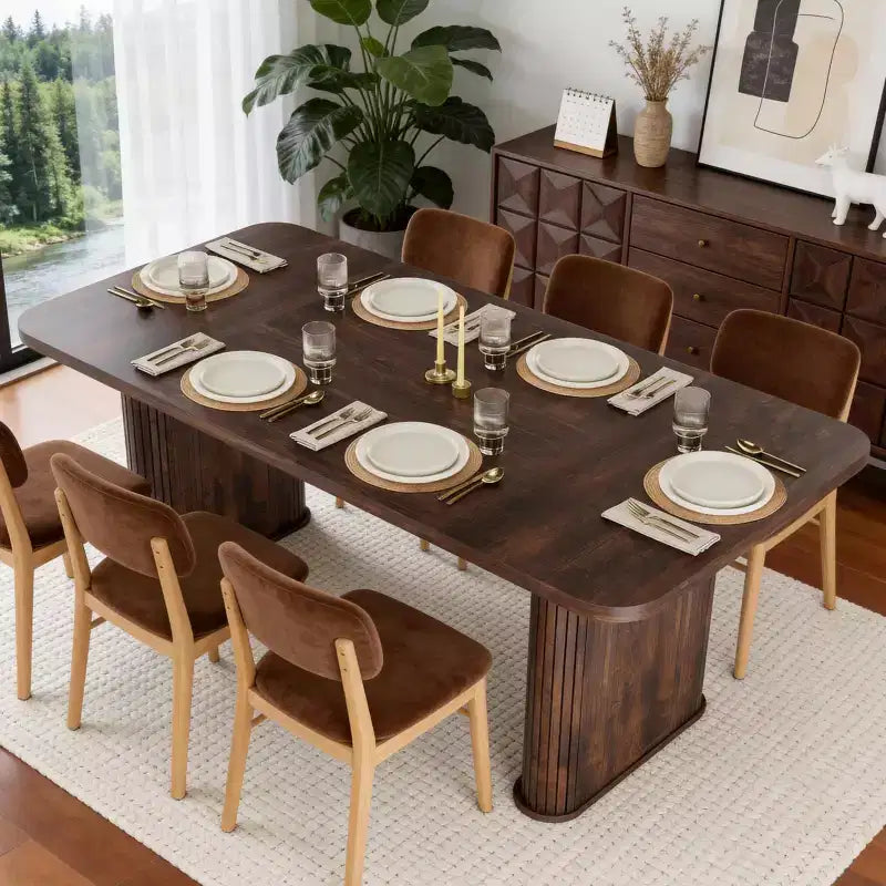 Table à manger 6-8 personnes de 157 cm | Table de cuisine rectangulaire en bois avec double piédestal, table à dîner robuste pour salle à manger, cuisine et salon
