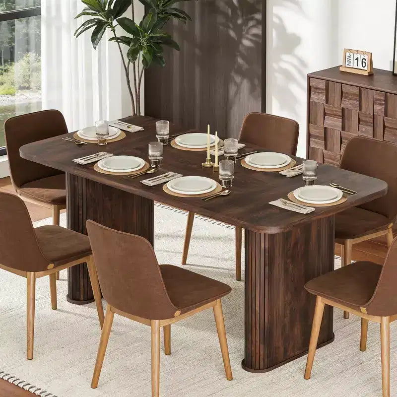 Table à manger 6-8 personnes de 157 cm | Table de cuisine rectangulaire en bois avec double piédestal, table à dîner robuste pour salle à manger, cuisine et salon