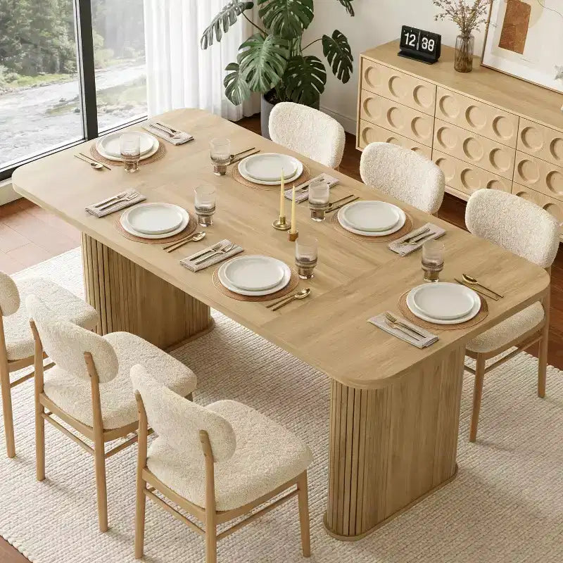 Table à manger 6-8 personnes de 157 cm | Table de cuisine rectangulaire en bois avec double piédestal, table à dîner robuste pour salle à manger, cuisine et salon