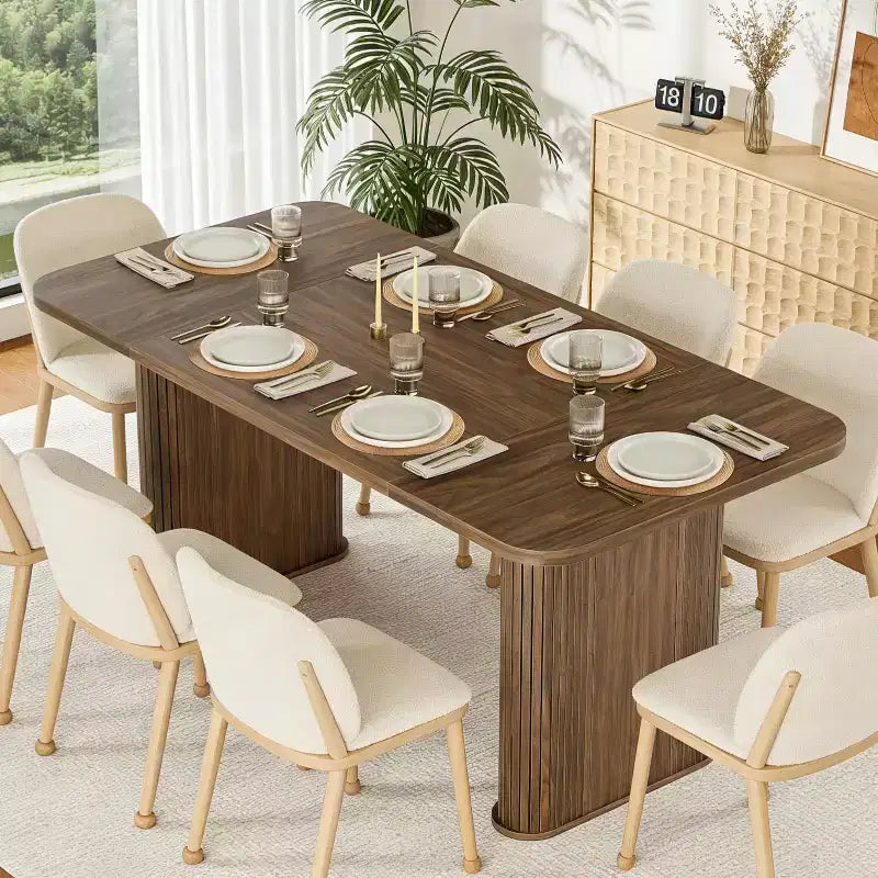 Table à manger 6-8 personnes de 157 cm | Table de cuisine rectangulaire en bois avec double piédestal, table à dîner robuste pour salle à manger, cuisine et salon