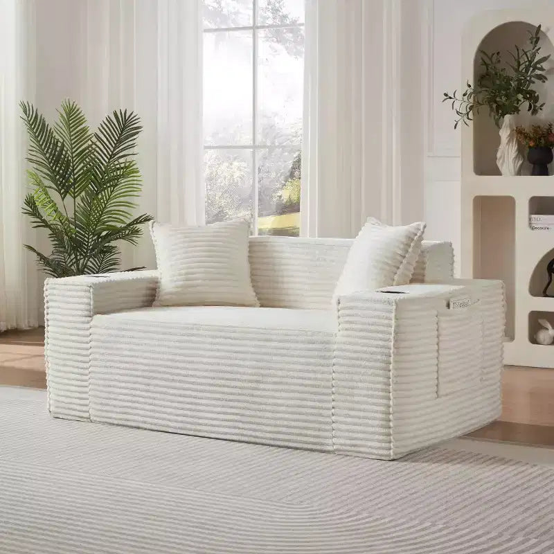 Canapé Loveseat Moderne en Velours Côtelé avec Porte-gobelets, Canapé Nuage Confortable à Assise Profonde, Canapés Sans Structure pour Salons, Appartements et Bureaux-Panipeachy