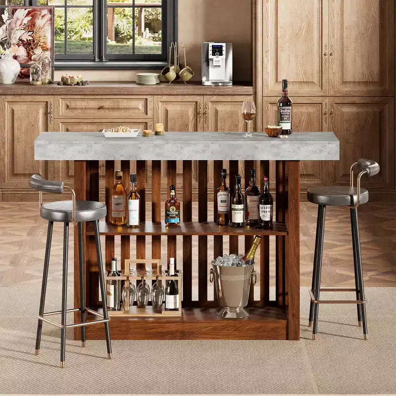 COZONY Table de bar hauteur comptoir 63, étagères de rangement à 2 niveaux, style industriel moderne gris et noyer