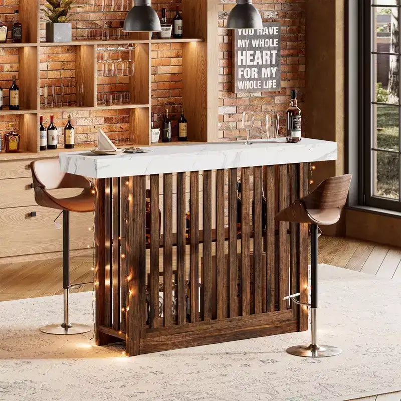 COZONY Table de bar hauteur comptoir 63, étagères de rangement à 2 niveaux, style industriel moderne gris et noyer
