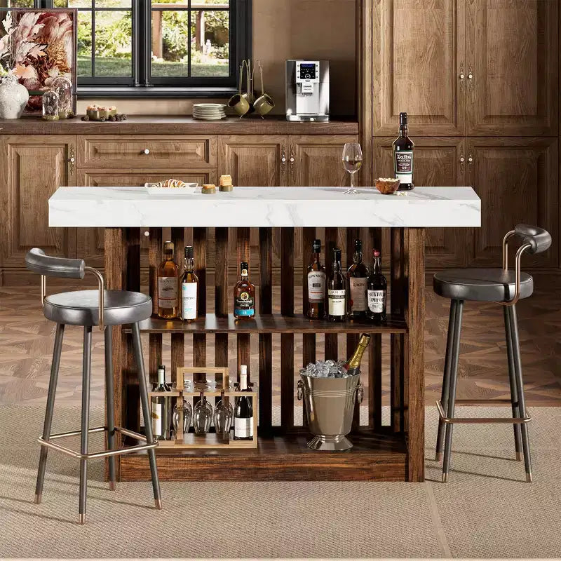 COZONY Table de bar hauteur comptoir 63, étagères de rangement à 2 niveaux, style industriel moderne gris et noyer