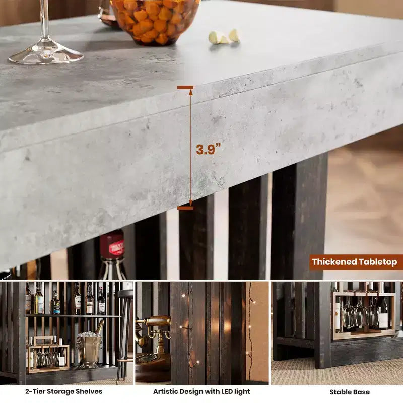COZONY Table de bar hauteur comptoir 63, étagères de rangement à 2 niveaux, style industriel moderne gris et noyer