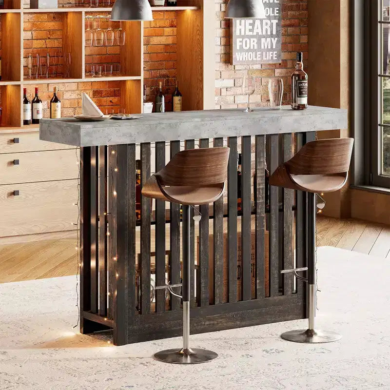 COZONY Table de bar hauteur comptoir 63, étagères de rangement à 2 niveaux, style industriel moderne gris et noyer