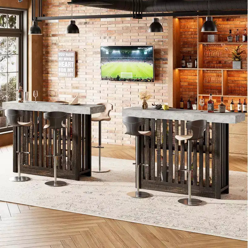 COZONY Table de bar hauteur comptoir 63, étagères de rangement à 2 niveaux, style industriel moderne gris et noyer