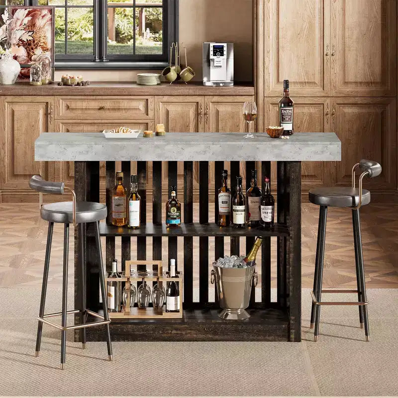 COZONY Table de bar hauteur comptoir 63, étagères de rangement à 2 niveaux, style industriel moderne gris et noyer