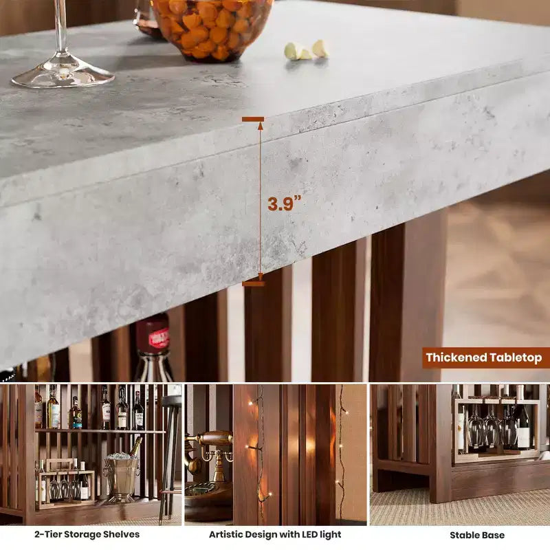 COZONY Table de bar hauteur comptoir 63, étagères de rangement à 2 niveaux, style industriel moderne gris et noyer