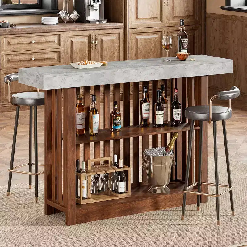 COZONY Table de bar hauteur comptoir 63, étagères de rangement à 2 niveaux, style industriel moderne gris et noyer