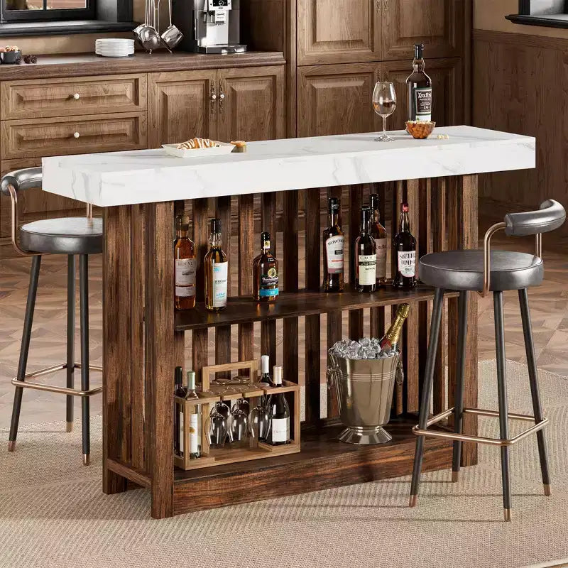 COZONY Table de bar hauteur comptoir 63, étagères de rangement à 2 niveaux, style industriel moderne gris et noyer