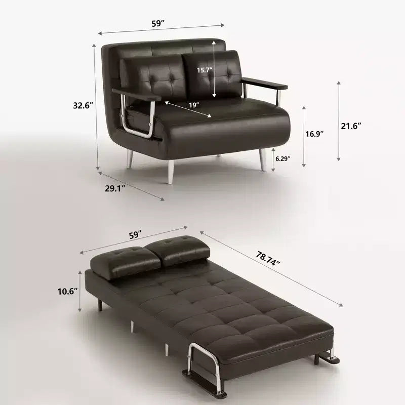 Canapé-lit convertible mi-siècle moderne Gaoyangjiaju en similicuir cognac de 150 cm avec mousse haute densité et pieds de soutien cachés