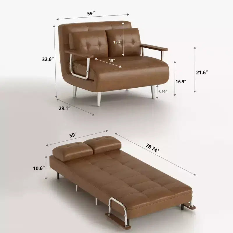 Canapé-lit convertible mi-siècle moderne Gaoyangjiaju en similicuir cognac de 150 cm avec mousse haute densité et pieds de soutien cachés