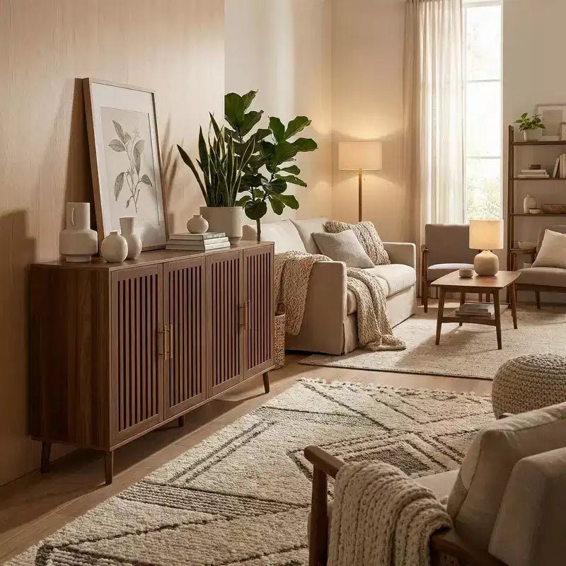 Meuble de rangement Homy Casa 63 en bois avec portes à lattes et étagères réglables, finition noyer