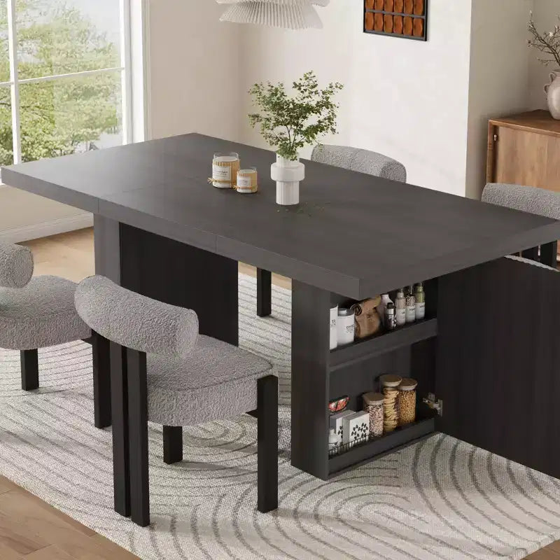 Table de salle à manger de 71 po avec pieds cannelés et rangement, table de cuisine de style ferme moderne pour les réunions de famille, 6 à 8 places