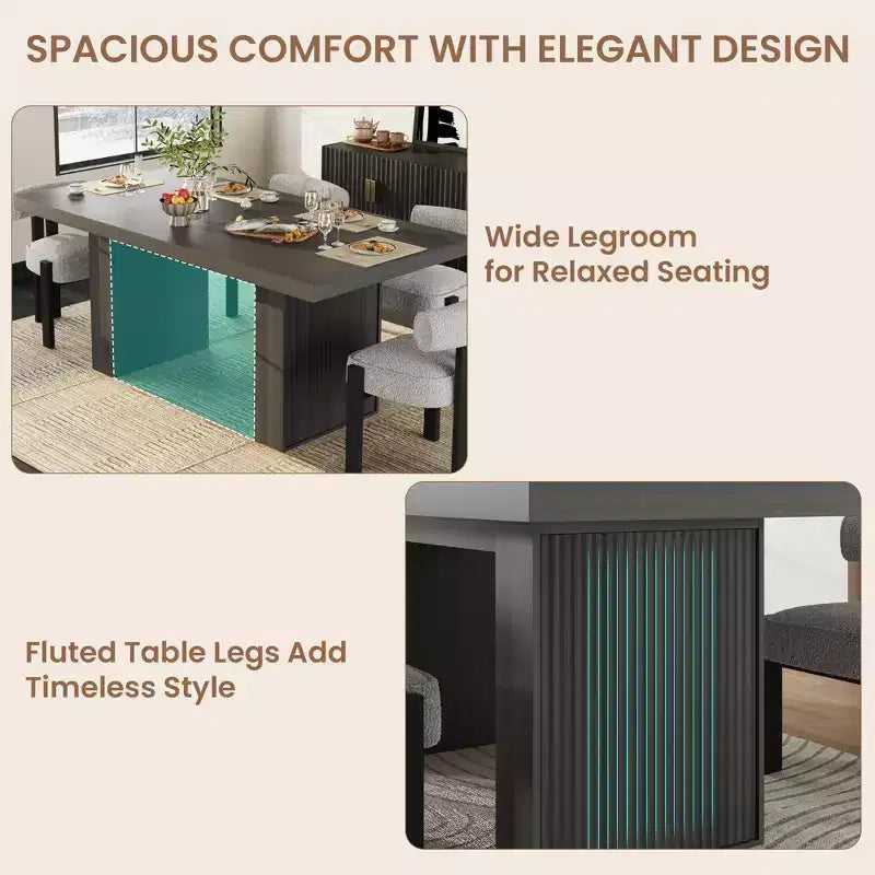 Table de salle à manger de 71 po avec pieds cannelés et rangement, table de cuisine de style ferme moderne pour les réunions de famille, 6 à 8 places