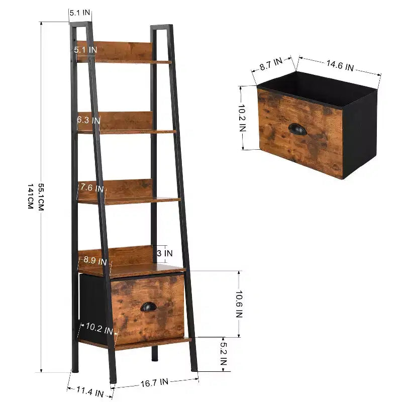 Étagère Échelle Rustique FurnitureR avec Tiroir en Tissu Amovible, Étagère Murale Inclinée et Support à Plantes, Organisateur de Rangement pour Salon, Bureau à Domicile