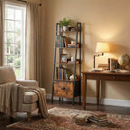 Étagère Échelle Rustique FurnitureR avec Tiroir en Tissu Amovible, Étagère Murale Inclinée et Support à Plantes, Organisateur de Rangement pour Salon, Bureau à Domicile