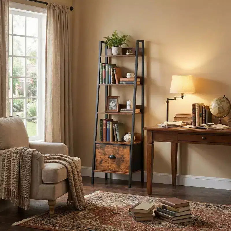 Étagère Échelle Rustique FurnitureR avec Tiroir en Tissu Amovible, Étagère Murale Inclinée et Support à Plantes, Organisateur de Rangement pour Salon, Bureau à Domicile