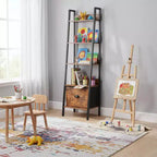 Étagère Échelle Rustique FurnitureR avec Tiroir en Tissu Amovible, Étagère Murale Inclinée et Support à Plantes, Organisateur de Rangement pour Salon, Bureau à Domicile