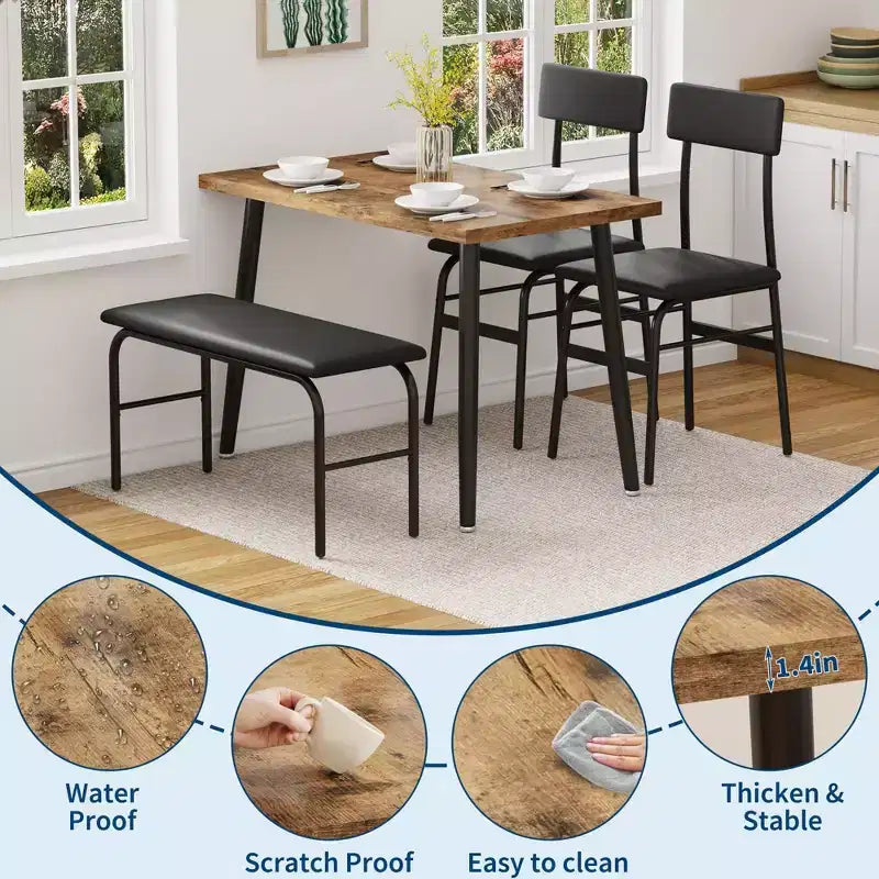Ensemble Table à Manger pour 4, Table de Cuisine avec Banc Rembourré et 2 Chaises, Table de Petit-Déjeuner pour Petit Espace, Salle à Manger, Appartement, Restaurant, Marron