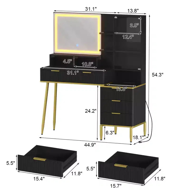 Coiffeuse cannelée avec miroir de 30 po, 5 tiroirs et luminosité réglable, adaptée à la chambre à coucher.