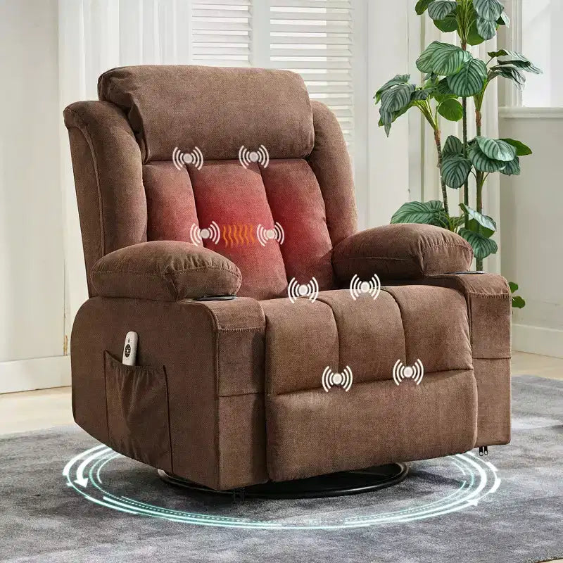 Fauteuil berçant/inclinable extra large pour salon, rotation à 360°, 3 angles d'inclinaison, double porte-gobelets avec poches latérales, canapé une place