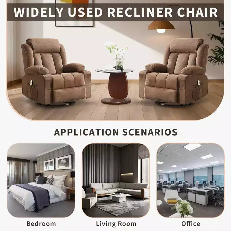 Fauteuil berçant/inclinable extra large pour salon, rotation à 360°, 3 angles d'inclinaison, double porte-gobelets avec poches latérales, canapé une place