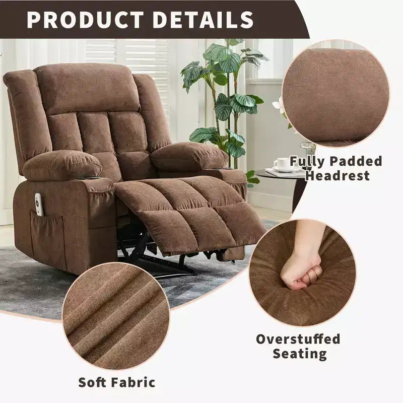 Fauteuil berçant/inclinable extra large pour salon, rotation à 360°, 3 angles d'inclinaison, double porte-gobelets avec poches latérales, canapé une place