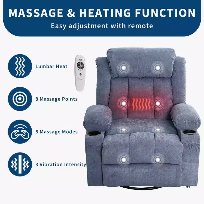 Fauteuil berçant/inclinable extra large pour salon, rotation à 360°, 3 angles d'inclinaison, double porte-gobelets avec poches latérales, canapé une place