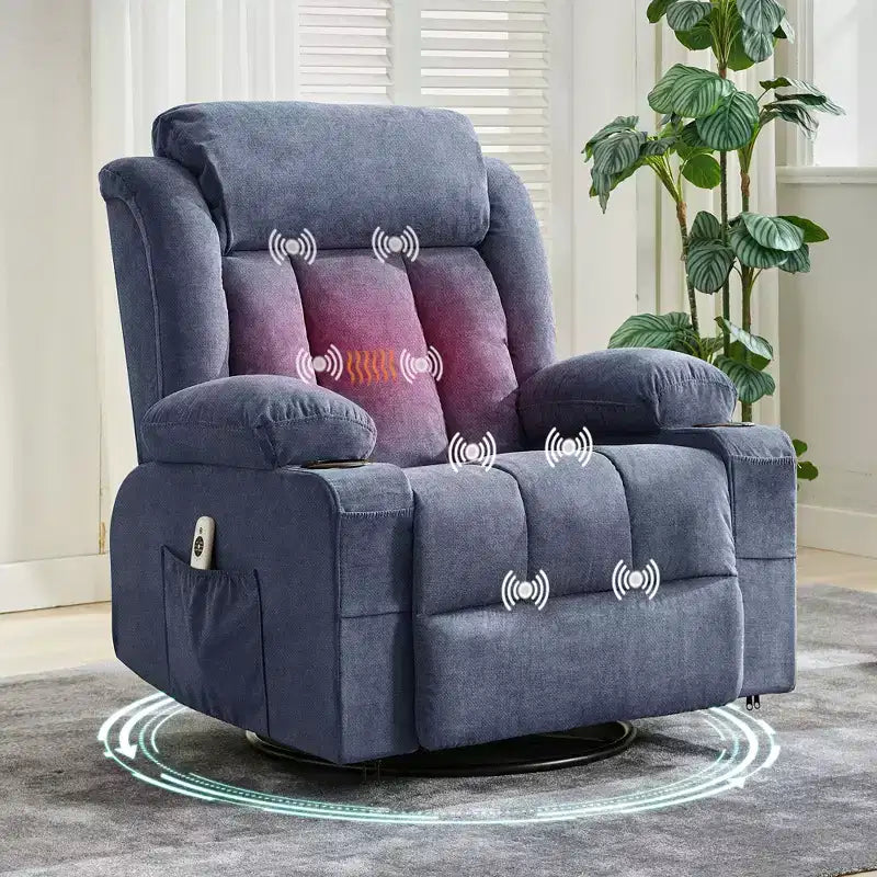 Fauteuil berçant/inclinable extra large pour salon, rotation à 360°, 3 angles d'inclinaison, double porte-gobelets avec poches latérales, canapé une place