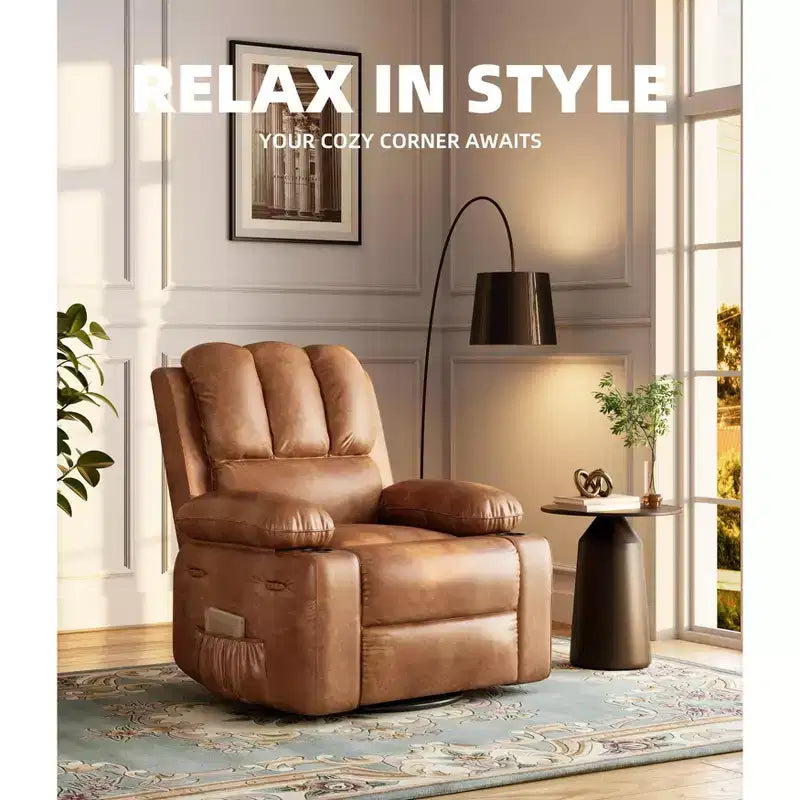 Fauteuil berçant pivotant extra-large avec fonctions chauffantes et massantes, dossier réglable manuellement, soutien ergonomique, deux porte-gobelets