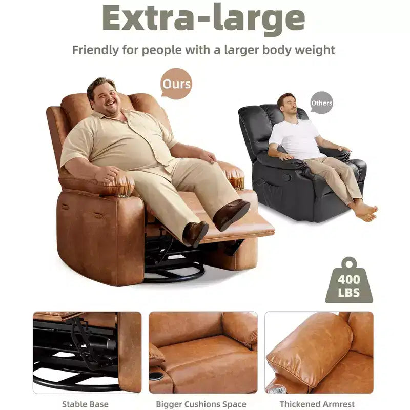 Fauteuil berçant pivotant extra-large avec fonctions chauffantes et massantes, dossier réglable manuellement, soutien ergonomique, deux porte-gobelets