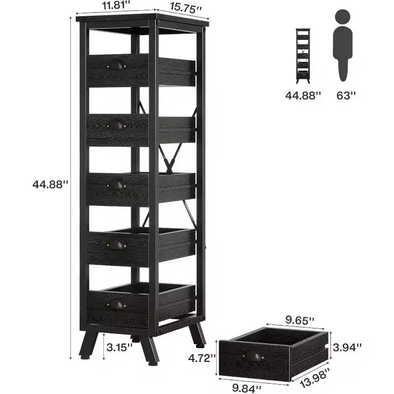 Étagère de rangement pour fruits et légumes Lantine en bois noir, support étroit à 5 niveaux pour collations, panier à fruits de cuisine, organisateur utilitaire coulissant pour salon