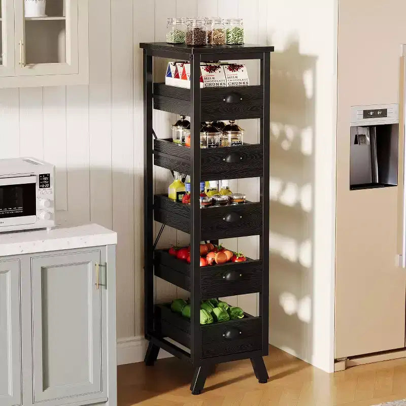 Étagère de rangement pour fruits et légumes Lantine en bois noir, support étroit à 5 niveaux pour collations, panier à fruits de cuisine, organisateur utilitaire coulissant pour salon