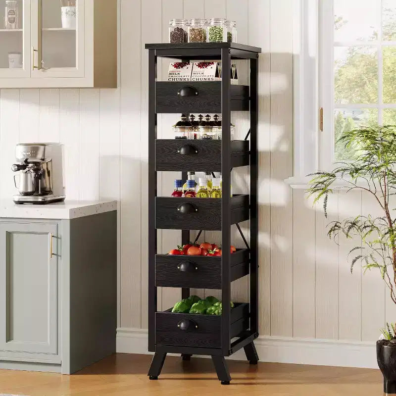 Étagère de rangement pour fruits et légumes Lantine en bois noir, support étroit à 5 niveaux pour collations, panier à fruits de cuisine, organisateur utilitaire coulissant pour salon