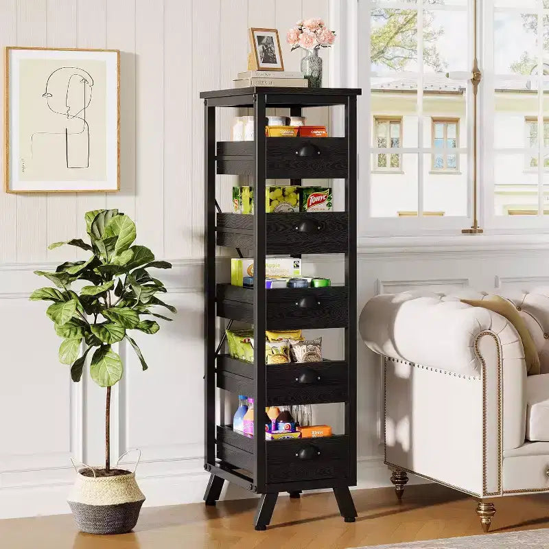 Étagère de rangement pour fruits et légumes Lantine en bois noir, support étroit à 5 niveaux pour collations, panier à fruits de cuisine, organisateur utilitaire coulissant pour salon