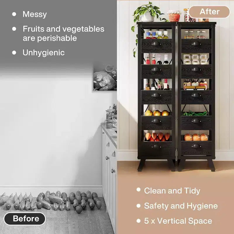 Étagère de rangement pour fruits et légumes Lantine en bois noir, support étroit à 5 niveaux pour collations, panier à fruits de cuisine, organisateur utilitaire coulissant pour salon