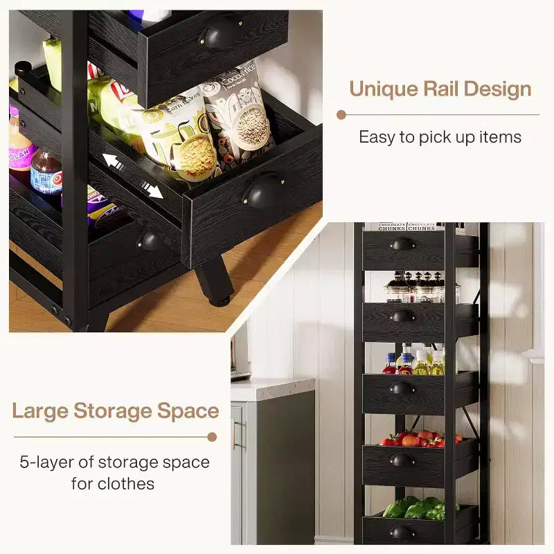 Étagère de rangement pour fruits et légumes Lantine en bois noir, support étroit à 5 niveaux pour collations, panier à fruits de cuisine, organisateur utilitaire coulissant pour salon