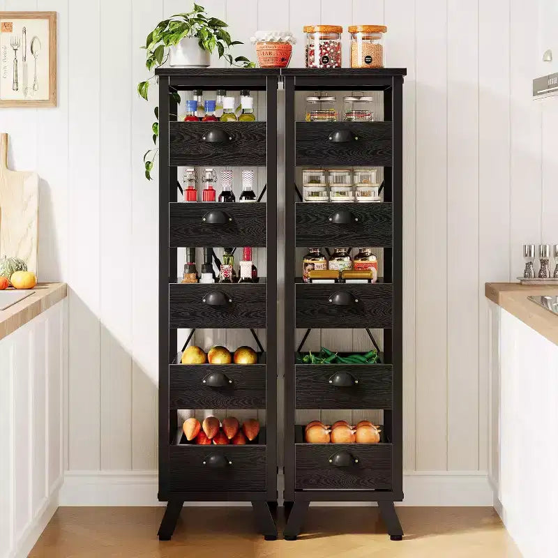Étagère de rangement pour fruits et légumes Lantine en bois noir, support étroit à 5 niveaux pour collations, panier à fruits de cuisine, organisateur utilitaire coulissant pour salon