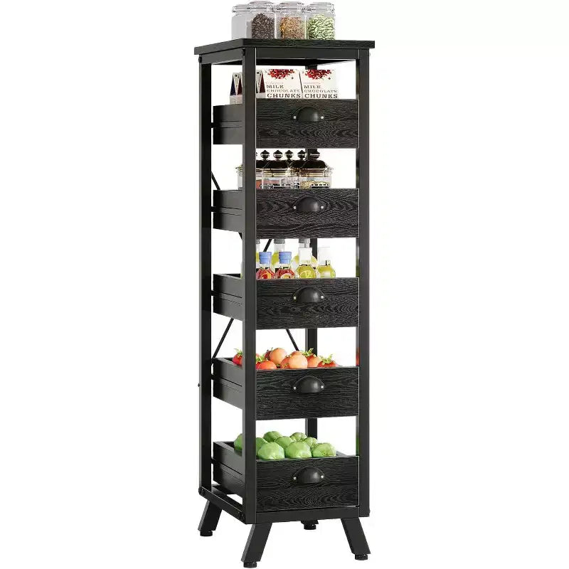 Étagère de rangement pour fruits et légumes Lantine en bois noir, support étroit à 5 niveaux pour collations, panier à fruits de cuisine, organisateur utilitaire coulissant pour salon