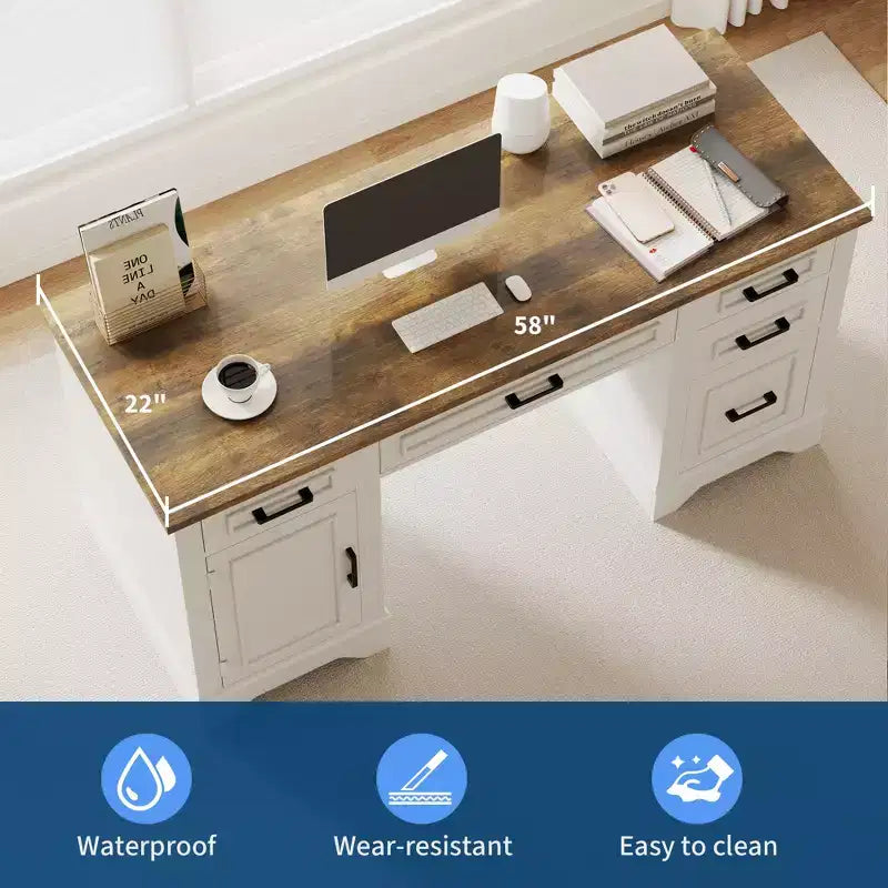 Garvee 58 Bureau de direction cannelé, Bureau d'ordinateur avec plateau coulissant pour clavier, 5 tiroirs texturés en relief et armoire de rangement, Bureau de style rustique pour bureau à domicile
