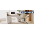 Garvee 58 Bureau de direction cannelé, Bureau d'ordinateur avec plateau coulissant pour clavier, 5 tiroirs texturés en relief et armoire de rangement, Bureau de style rustique pour bureau à domicile
