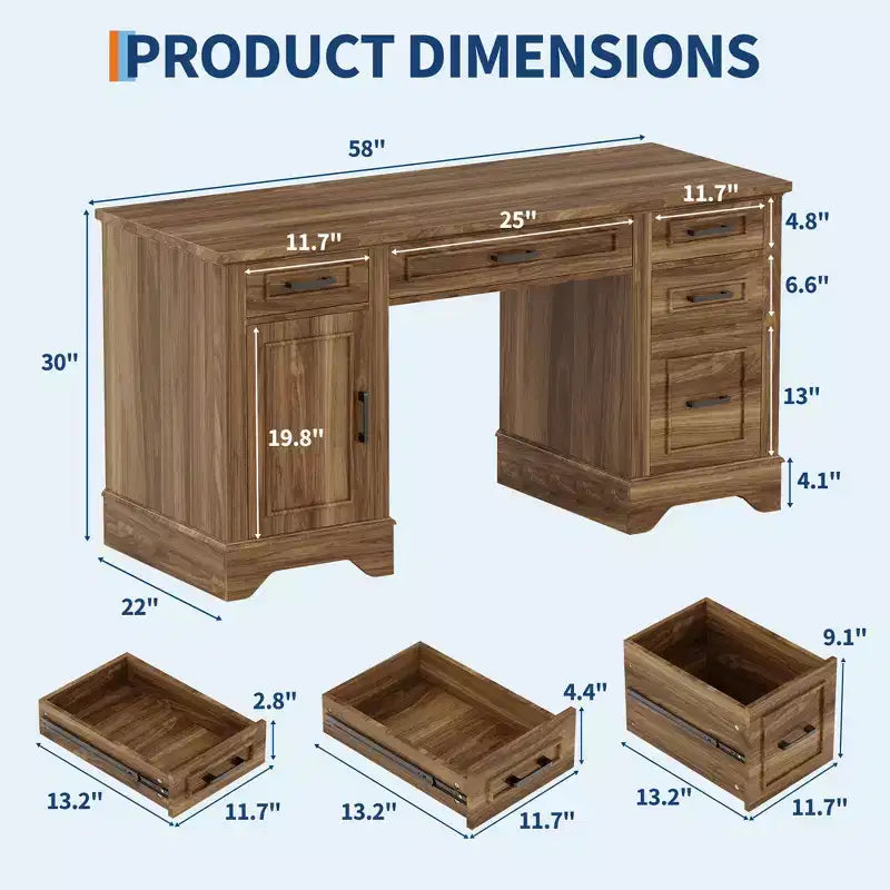 Garvee 58 Bureau de direction cannelé, Bureau d'ordinateur avec plateau coulissant pour clavier, 5 tiroirs texturés en relief et armoire de rangement, Bureau de style rustique pour bureau à domicile