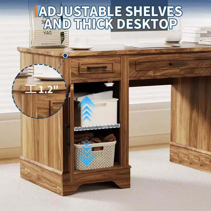Garvee 58 Bureau de direction cannelé, Bureau d'ordinateur avec plateau coulissant pour clavier, 5 tiroirs texturés en relief et armoire de rangement, Bureau de style rustique pour bureau à domicile